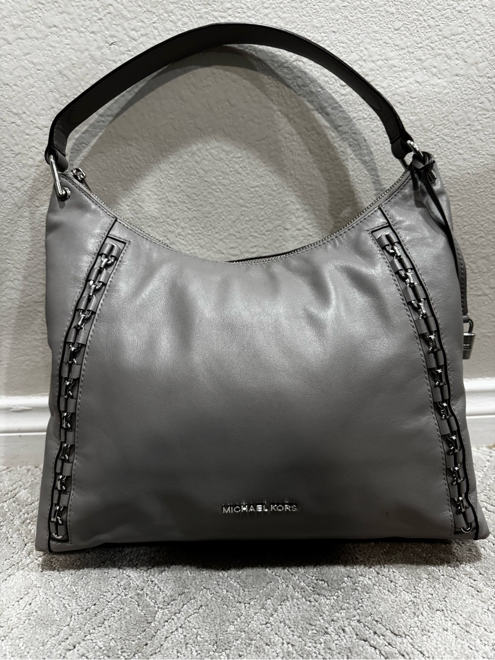 Michael Kors Taupe/Gray Leather Shoulder Hobo with Chain Trim